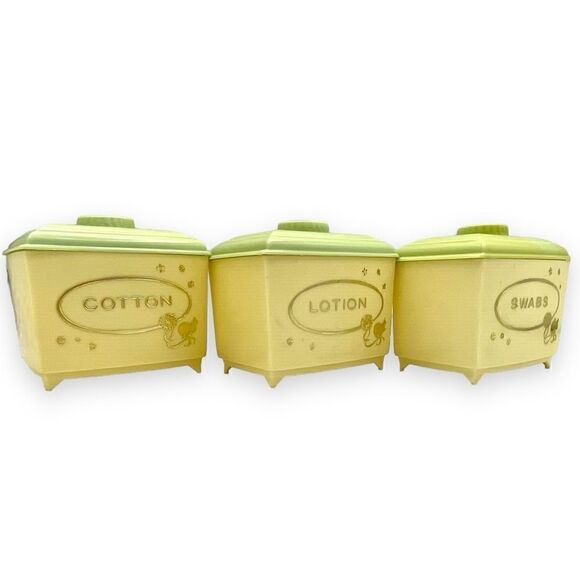 Vintage Baby Nursery Plastic Footed Organizing Jars Pale Yellow Green Lids - Picture 3 of 16